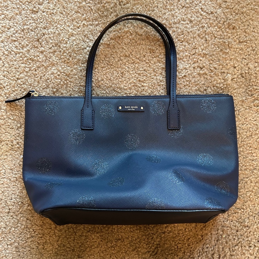 Kate Spade Large Navy "Hani Haven Lane" Tote Bag With Glitter Polka Dots